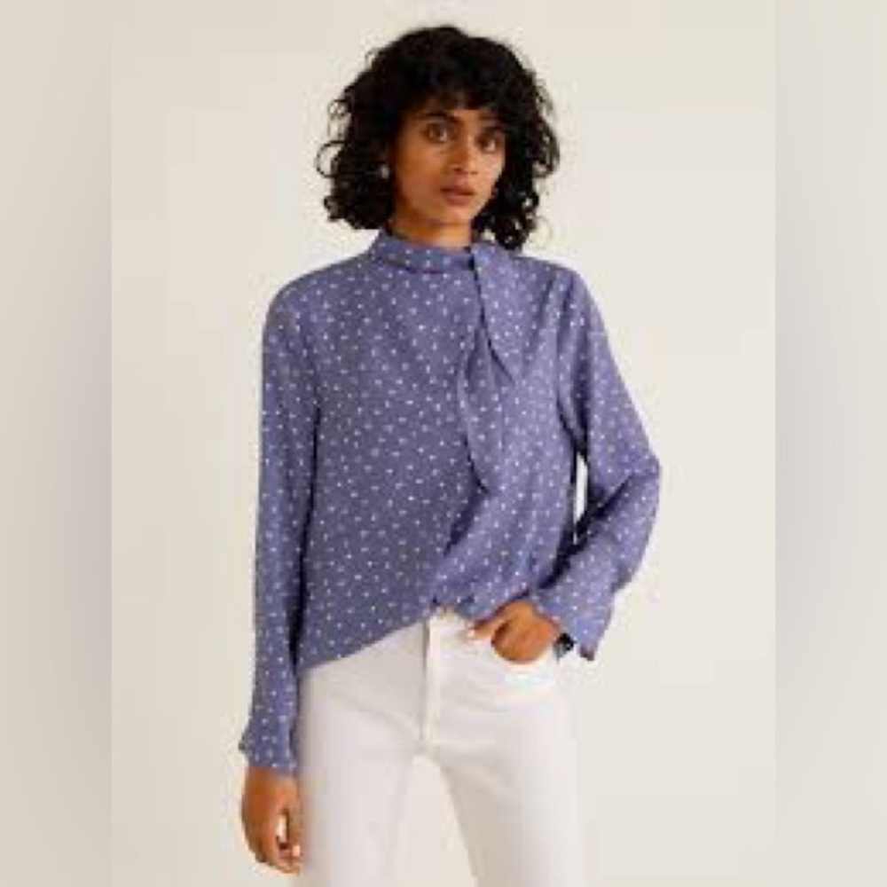 MANGO Women Purple & White Printed Top Tie-neck Long Sleeve Blouse 8